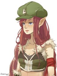 1girl 2014 armband black_shirt blue_eyes blush breasts cabbie_hat cleavage closed_mouth commentary english_commentary expressionless fur-trimmed_shirt fur_trim green_hat green_shirt grey_background hat lips long_hair looking_afar pointy_ears ragnarok_online red_hair shirt signature simple_background sleeveless sleeveless_shirt small_breasts sniper_(ragnarok_online) solo squaffle1 two-tone_shirt upper_body