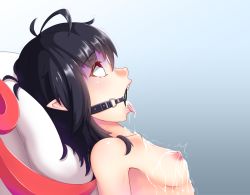 Rule 34 | 1girl, ^^^, after fellatio, aftersex, antenna hair, bar censor, bdsm, black hair, blue background, blush, bondage, bound, breasts, censored, collarbone, colored eyelashes, cum, cum in mouth, cum in nose, cum on body, cum on breasts, cum on upper body, death, fangs, from side, gag, gradient background, houjuu nue, lying, nipples, nude, nuenya, on back, open mouth, pillow, pointy ears, profile, red eyes, ring gag, rolling eyes, shaded face, small breasts, solo, sweat, tongue, tongue out, touhou, trembling, upper body, wings