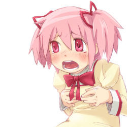 Rule 34 | 10s, 1girl, bad id, bad pixiv id, flat chest, hair ribbon, kaname madoka, mahou shoujo madoka magica, mahou shoujo madoka magica (anime), nucomas, open mouth, pink eyes, pink hair, ribbon, school uniform, short hair, short twintails, simple background, solo, tears, twintails, white background