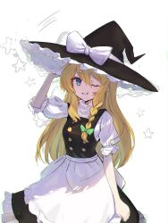 Rule 34 | 1girl, :q, absurdres, acaca, apron, black vest, blonde hair, blue eyes, bow, braid, commentary, green bow, hair bow, hair tubes, hand on headwear, hat, hat bow, highres, kirisame marisa, long hair, looking at viewer, marisa day, one eye closed, short sleeves, side braid, single braid, smile, solo, star (symbol), tongue, tongue out, touhou, vest, waist apron, white apron, white bow, witch hat