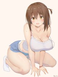 Rule 34 | 1girl, aymusk, bare arms, beige background, blue shorts, bracelet, breasts, brown hair, camisole, cleavage, collarbone, commentary request, dolphin shorts, hair between eyes, highres, jewelry, kneeling, large breasts, looking at viewer, medium hair, mole, mole on arm, nail polish, open mouth, original, short shorts, shorts, sidelocks, simple background, socks, strap slip, thighs, white camisole, white socks