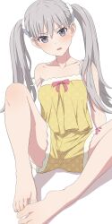 Rule 34 | 1girl, arm support, bare shoulders, barefoot, bow, bow camisole, breasts, brown eyes, camisole, camui1104, collarbone, commentary, commission, frilled camisole, frilled shorts, frills, furrowed brow, grey hair, hair between eyes, highres, knee up, light blush, long hair, looking at viewer, monogatari (series), oikura sodachi, on floor, owarimonogatari, pajamas, parted lips, pink bow, polka dot, polka dot camisole, polka dot pajamas, polka dot shorts, scrunchie, shorts, simple background, sitting, small breasts, solo, spaghetti strap, spread legs, strap slip, toes, twintails, white background, white scrunchie, yellow camisole, yellow pajamas, yellow shorts
