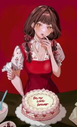 Rule 34 | 1girl, baking, blunt bangs, bow, breasts, brown eyes, brown hair, cake, cake stand, cherry, choker, closed mouth, commentary, cream, dress, earrings, english text, eyelashes, food, fruit, fruit print, hair bow, hair intakes, hair over shoulder, hand up, highres, holding, holding pastry bag, icing spatula, jewelry, long hair, looking at viewer, medium breasts, meu oo, mixing bowl, multi-tied hair, nail polish, original, pastry bag, pinafore dress, pink eyes, plate, print shirt, red background, red bow, red dress, red nails, red theme, shirt, short sleeves, simple background, sleeveless, sleeveless dress, solo, symbol-only commentary, table, tasting, twintails, upper body, v-neck, white shirt