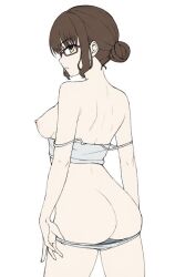 1girl arms_at_sides ass back breasts brown_hair butt_crack closed_mouth clothes_pull commentary cowboy_shot expressionless from_behind glasses hair_between_eyes hair_bun looking_at_viewer looking_back medium_breasts minamoto_chiaki nipples noble_works nude panties panty_pull profile pulling_own_clothes red-framed_eyewear shirt shirt_pull short_hair sideboob sidelocks simple_background single_hair_bun solo spaghetti_strap strap_slip tft_(tft7822) underwear white_background white_panties white_shirt yellow_eyes