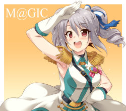 Rule 34 | 10s, 1girl, :d, armpits, badge, blush, breasts, drill hair, epaulettes, gloves, gradient background, grey hair, hand on own hip, heart, idolmaster, idolmaster cinderella girls, kanzaki ranko, looking at viewer, open mouth, orange background, red eyes, round teeth, salute, smile, solo, sweat, teeth, twin drills, uraichishi, white gloves