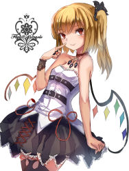 Rule 34 | 1girl, absurdres, alternate costume, bad id, bad pixiv id, bare shoulders, black thighhighs, blonde hair, blush, flandre scarlet, gothic lolita, highres, jewelry, lolita fashion, looking at viewer, myero, red eyes, revision, ring, side ponytail, simple background, sketch, smile, solo, thighhighs, touhou, white background, wings