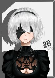 Rule 34 | 1girl, absurdres, artist name, black dress, black hairband, blindfold, border, breasts, character name, dress, facing viewer, grey background, grey border, hair between eyes, hairband, highres, juliet sleeves, lin mingpoi, long sleeves, medium breasts, nier:automata, nier (series), outside border, parted lips, puffy sleeves, short hair, signature, silhouette, silver hair, simple background, smile, solo, upper body, 2b (nier:automata)