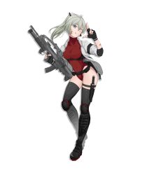 Rule 34 | 1girl, black footwear, black gloves, black thighhighs, blue eyes, bodysuit, boots, breasts, bullpup, character request, commission, covered navel, fingerless gloves, girls&#039; frontline, gloves, grey hair, gun, hair ribbon, hakugin006, hand up, highres, jacket, knife, knife sheath, knife sheath, long hair, looking at viewer, medium breasts, one eye closed, original, patch, ponytail, red bodysuit, ribbon, rifle, sheath, smile, solo, thighhighs, vhs-d2, weapon, white background, white jacket