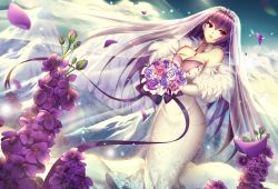 Rule 34 | 1girl, bad id, bad pixiv id, bare shoulders, blue sky, blurry, blurry foreground, bouquet, breasts, bridal veil, cleavage, cloud, cloudy sky, commentary request, day, depth of field, detached sleeves, dress, dutch angle, elbow gloves, fate/grand order, fate (series), flower, fur trim, gloves, hair between eyes, head tilt, highres, holding, holding bouquet, large breasts, long hair, long sleeves, looking away, looking to the side, mallizmora, outdoors, parted lips, petals, purple flower, purple hair, purple rose, red eyes, rose, scathach (fate), scathach skadi (fate), see-through, sky, solo, standing, strapless, strapless dress, tiara, veil, very long hair, wedding dress, white dress, white flower, white rose