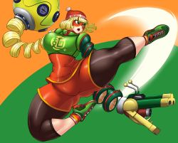 Rule 34 | 1girl, absurdres, arms (game), black leggings, blonde hair, domino mask, full body, gluteal fold, green background, green eyes, hat, highres, kicking, kyelyn, leggings, mask, min min (arms), open mouth, orange background, shiny clothes, shoes, short hair, shorts, sneakers, solo, spread legs, thick thighs, thighs, two-tone background, vest