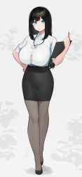 Rule 34 | 1girl, black footwear, black hair, black skirt, blue eyes, breasts, button gap, clipboard, collared shirt, commentary request, dress shirt, full body, grey background, grey pantyhose, hand on own hip, hayabusa, highres, holding, holding pen, huge breasts, id card, lanyard, large breasts, long hair, long sleeves, looking at viewer, miniskirt, mole, mole on breast, office lady, original, pantyhose, pen, pencil skirt, shirt, shoes, simple background, skirt, sleeves pushed up, solo, standing, white shirt