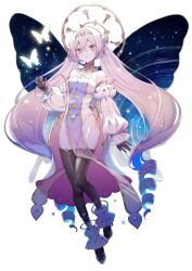 Rule 34 | absurdres, armpit crease, atelier (series), atelier sophie, atelier sophie 2, bare shoulders, black gloves, black thighhighs, blue hair, blush, bug, butterfly, butterfly wings, circlet, colored inner hair, crossed bangs, detached sleeves, double bun, double exposure, drill hair, full body, gloves, gradient hair, hair between eyes, hair bun, halo, high heels, highleg, highleg leotard, highres, hitoba, insect, insect wings, knees together feet apart, leotard, long hair, looking at viewer, multicolored eyes, multicolored hair, pelvic curtain, pink hair, plachta, puffy sleeves, raised eyebrows, see-through, simple background, space, star (sky), thighhighs, thighs, twin drills, twintails, very long hair, white background, white leotard, wings