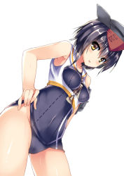 Rule 34 | 10s, 1girl, asymmetrical hair, black hair, brown eyes, dutch angle, framed breasts, from behind, hair between eyes, hand on own hip, hat, headphones, i-14 (kancolle), kantai collection, looking at viewer, ryokushiki (midori-ya), sailor collar, school swimsuit, short hair, sitting, smile, solo, swimsuit