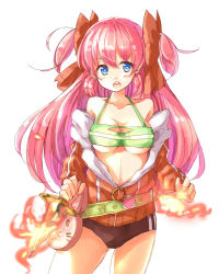 Rule 34 | 1girl, :o, ahoge, bare shoulders, belt, belt buckle, belt skirt, blue eyes, blush, bow, bra, breasts, buckle, buruma, cleavage, cleavage cutout, clothing cutout, cowboy shot, dagger, double vertical stripe, fire, flame athlete hana, green bra, gym uniform, hair bow, heart, heart print, holding, holding weapon, jacket, knife, large breasts, long hair, looking at viewer, lord of valkyrie, lord of walkure, midriff, numberaasaa, off shoulder, open clothes, open jacket, open mouth, pink hair, simple background, solo, standing, studded belt, track jacket, two side up, underboob, underwear, unzipped, very long hair, weapon, white background, zipper