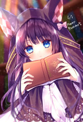 Rule 34 | 1girl, animal ears, animal hood, argyle, blue eyes, blurry, blurry background, blush, book, closed mouth, commentary request, depth of field, fake animal ears, fingernails, hands up, happy birthday, highres, holding, holding book, hood, hood up, long hair, long sleeves, looking at viewer, nail polish, open book, pink nails, purple hair, red: pride of eden, shirt, solo, upper body, white shirt, xx momomo xx