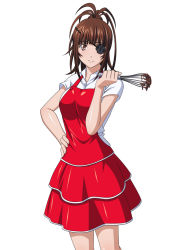 Rule 34 | 00s, 1girl, apron, brown hair, eyepatch, hair ornament, highres, ikkitousen, looking at viewer, red apron, simple background, smile, solo, white background, yagyu mitsuyoshi, yellow eyes