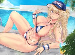 Rule 34 | 1girl, anchor necklace, areola slip, ass, bad id, bad pixiv id, baseball cap, bikini, bikini top lift, blonde hair, blue eyes, breasts, butt crack, clothes lift, halterneck, hat, highres, iowa (kancolle), jewelry, kantai collection, large breasts, lifted by self, long hair, mickey dunn, navel, necklace, one eye closed, solo, string bikini, striped bikini, striped clothes, swimsuit