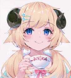 Rule 34 | 1girl, absurdres, andychen, animal ears, blonde hair, blue eyes, blush, bow, closed mouth, cup, flower, hair flower, hair ornament, hair over shoulder, hairclip, hand up, highres, holding, holding cup, hololive, horns, long hair, looking at viewer, low twintails, pink bow, sheep ears, sheep girl, sheep horns, simple background, smile, solo, teacup, tsunomaki watame, tsunomaki watame (loungewear), twintails, upper body, virtual youtuber