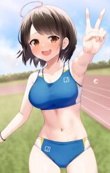 Rule 34 | 1girl, ahoge, armpits, blush, breasts, brown hair, buruma, commission, faubynet, highres, large breasts, looking at viewer, midriff, navel, open mouth, orange eyes, original, outdoors, short hair, skeb commission, smile, solo, sports bra, sportswear, v