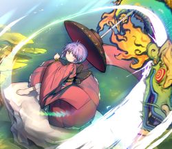 Rule 34 | 1girl, absurdres, black headwear, bowl, bowl hat, closed mouth, dragon, full body, hat, highres, japanese clothes, kimono, lily pad, long sleeves, looking at viewer, needle sword, nyong nyong, outdoors, purple hair, red eyes, red kimono, short hair, sukuna shinmyoumaru, touhou, wide sleeves