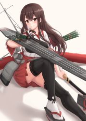 Rule 34 | 1girl, aircraft, aircraft request, airplane, akagi (kancolle), black hair, black thighhighs, brown eyes, chibi, commentary request, commission, flight deck, geta, hakama, hakama short skirt, hakama skirt, highres, japanese clothes, k jie, kaga (kancolle), kantai collection, long hair, looking at viewer, mini person, minigirl, muneate, okobo, red hakama, sandals, simple background, sitting, skirt, solo, straight hair, tasuki, thighhighs, unworn sandal, unworn sandals, white background