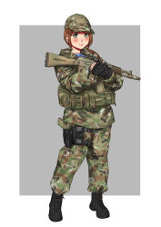 Rule 34 | 1girl, absurdres, ak-47, army, assault rifle, baseball cap, brown hair, camouflage, commentary, english commentary, fingerless gloves, full body, glock, gloves, green eyes, gun, handgun, hat, highres, holster, holstered, kalashnikov rifle, load bearing vest, looking at viewer, mardjan, military, original, pistol, ponytail, rifle, russia, shirt, simple background, solo, striped clothes, striped shirt, telnyashka, thigh holster, weapon