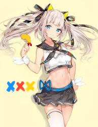 Rule 34 | 1girl, asymmetrical legwear, bare shoulders, black neckwear, black ribbon, black sailor collar, black skirt, blue eyes, blush, breasts, brown background, cleavage, closed mouth, collarbone, commentary request, crop top, food, hair ribbon, hand up, head tilt, highres, holding, kaguya luna, long hair, looking at viewer, medium breasts, midriff, navel, pleated skirt, ribbon, sailor collar, shirt, shrimp, shrimp tempura, sidelocks, silver (chenwen), silver hair, simple background, single thighhigh, skindentation, skirt, sleeveless, sleeveless shirt, sleeves past wrists, solo, tempura, the moon studio, thighhighs, twintails, uneven legwear, virtual youtuber, white shirt, white thighhighs, x