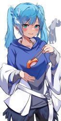 Rule 34 | 1girl, ahoge, blue hair, blue shirt, blush, breasts, chopsticks, collarbone, commentary, cowboy shot, dot nose, english commentary, fish (food), food, genderswap, genderswap (mtf), green eyes, grey hair, hair ornament, highres, holding, holding chopsticks, holostars, holostars english, ice, legs apart, long hair, long sleeves, looking at viewer, medium breasts, off shoulder, open mouth, orobou, parted bangs, regis altare, sash, sashimi, shirt, simple background, solo focus, sushi, sweat, twintails, virtual youtuber, white background, wide sleeves