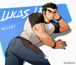 Rule 34 | 1boy, anoko nai, apron, ass, bara, beard stubble, black hair, denim, elbow rest, facial hair, feet out of frame, highres, huge eyebrows, jeans, large pectorals, light blush, looking at viewer, lucas lee, lying, male focus, mouse (computer), muscular, muscular male, on side, pants, pectorals, scott pilgrim (series), scott pilgrim takes off, shirt, short hair, short sleeves, smile, solo, stubble, t-shirt, tight clothes, tight shirt, waist apron