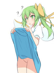 Rule 34 | 1girl, ?, blue dress, bow, clothes lift, commentary request, cowboy shot, daiyousei, double-parted bangs, dress, dress lift, fairy wings, green eyes, green hair, hair bow, hair ribbon, highres, lifting own clothes, no panties, no pussy, open mouth, pinafore dress, ponytail, puffy short sleeves, puffy sleeves, ribbon, shadow, shirt, short hair, short sleeves, sidelocks, sleeveless, sleeveless dress, solo, standing, touhou, vanishingknife, white background, white shirt, wings, yellow bow, yellow ribbon