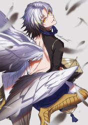 Rule 34 | 1boy, artist name, backless outfit, bird legs, bird wings, blue pants, feathered wings, feathers, harpy boy, highres, konjiki (pixiv fantasia age of starlight), looking at viewer, looking back, low wings, male focus, monster boy, multiple wings, nekomiti, pants, pixiv fantasia, pixiv fantasia age of starlight, simple background, solo, white hair, white wings, wings, yellow eyes