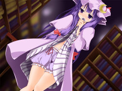 Rule 34 | 1girl, bloomers, blush, clothes lift, crescent, crescent moon, dress, dress lift, dutch angle, embarrassed, female focus, hat, jum (artist), jum (parallel parasol), library, long hair, looking away, moon, navel, patchouli knowledge, purple eyes, purple hair, ribbon, solo, thighs, touhou, underwear, voile