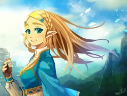 Rule 34 | 1girl, blonde hair, blue eyes, braid, breasts, colornix, fingerless gloves, forehead, french braid, from side, gloves, hair ornament, hairclip, long hair, looking at viewer, nintendo, parted bangs, pointy ears, princess zelda, sidelocks, small breasts, smile, solo, the legend of zelda, the legend of zelda: breath of the wild, thick eyebrows, wind, wind lift