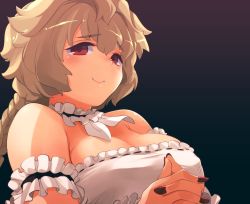 Rule 34 | 1girl, arm strap, bare shoulders, black background, braid, breasts, brown hair, choker, cleavage, frilled choker, frilled straps, frills, highres, ishiyumi, long hair, looking at viewer, medium breasts, original, own hands clasped, own hands together, portrait, red eyes, smile, solo