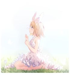 Rule 34 | 1girl, absurdres, barefoot, blonde hair, blue eyes, bow, bug, butterfly, butterfly on nose, commentary, day, dress, frilled dress, frills, from side, full body, grass, hair bow, highres, hmniao, bug, kagamine rin, outdoors, parted lips, seiza, short hair, sitting, sleeveless, sleeveless dress, solo, sundress, vocaloid, white bow, white butterfly, white dress