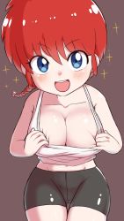 Rule 34 | 1girl, absurdres, artist request, bike shorts, blue eyes, blush, braid, breasts, chibi, cleavage, cleavage reach, clothes lift, cowboy shot, crossed arms, female pervert, genderswap, genderswap (mtf), highres, large breasts, open mouth, pervert, ranma-chan, ranma 1/2, red hair, saotome ranma, shiny clothes, shiny skin, shirt lift, shorts, simple background, single braid, skindentation, smile, solo, standing, tairanoabokado, thighs