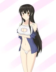 Rule 34 | 10s, 1girl, absurdres, bare shoulders, black hair, blush, bra, breast hold, breasts, brown eyes, cat cutout, cat ear panties, cat lingerie, cleavage, cleavage cutout, clothing cutout, commentary, eyebrows, favoritevoidpixel, hair between eyes, highres, iowa (pacific), kantai collection, large breasts, long hair, looking at viewer, meme attire, mole, mole under eye, navel, no headwear, no legwear, open clothes, pacific (kancolle), panties, sidelocks, smile, solo, standing, underwear, very long hair, white bra, white panties