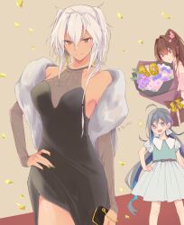 Rule 34 | 3girls, ahoge, black dress, black nails, blue eyes, bouquet, breasts, brown eyes, brown hair, colis, dark-skinned female, dark skin, dress, fingernails, flower, green shirt, grey hair, hair between eyes, hand on own hip, holding, holding bouquet, kantai collection, kiyoshimo (kancolle), large breasts, long hair, looking at viewer, low twintails, multiple girls, musashi (kancolle), nail polish, open mouth, pink flower, purple flower, red eyes, shirt, short sleeves, skirt, smile, twintails, twitter username, white hair, white skirt, yamato (kancolle)