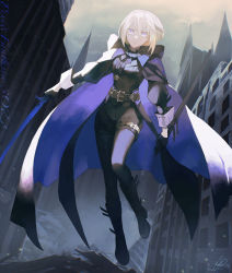Rule 34 | 1girl, black gloves, black shorts, blonde hair, blue eyes, boots, breasts, building, cape, copyright name, day, full body, gloves, highres, hise, holding, holding sword, holding weapon, long sleeves, outdoors, pantyhose, pixiv fantasia, pixiv fantasia scepter of zeraldia, puffy long sleeves, puffy sleeves, sheath, shorts, silva numel, small breasts, solo, sword, weapon