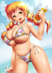 Rule 34 | 10s, 1girl, bikini, blonde hair, bottle, breasts, bursting breasts, curvy, drill hair, flower, hibiscus, highres, huge breasts, long hair, mahou shoujo madoka magica, mahou shoujo madoka magica (anime), moriichi, open mouth, product placement, smile, solo, swimsuit, tomoe mami, twin drills, twintails, underboob, yellow eyes