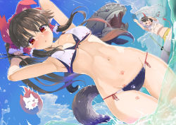 Rule 34 | 2girls, armpits, arms up, bare arms, bare shoulders, bikini, blue sky, blush, bow, breasts, brown hair, cloud, day, dutch angle, fish, gluteal fold, grey hair, groin, hair bow, hair tubes, hakurei reimu, horns, layered bikini, long hair, looking at viewer, medium breasts, multicolored hair, multiple girls, navel, net, outdoors, paw print, ponytail, puuakachan, red bow, red eyes, side-tie bikini bottom, sidelocks, sky, split-color hair, standing, stomach, summer, swimsuit, tail, thigh gap, touhou, two-tone hair, ushizaki urumi, wading, wolf spirit (touhou), wolf tail