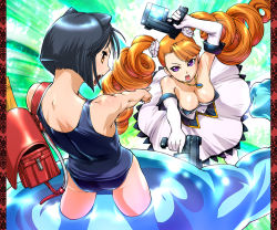 Rule 34 | 2girls, animal ears, aq interactive, arcana heart, arcana heart 2, atlus, backpack, bag, bare shoulders, black hair, breasts, brown hair, cat ears, cleavage, daidouji kira, downblouse, dress, drill hair, dual wielding, earrings, elbow gloves, examu, gloves, gun, hands on own hips, holding, jewelry, large breasts, long hair, multiple girls, necklace, one-piece swimsuit, orange hair, petra johanna lagerkvist, pointing, purple eyes, randoseru, school swimsuit, short hair, swimsuit, thighhighs, twin drills, twintails, ueyama michirou, weapon