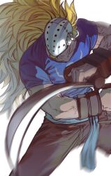 Rule 34 | 1boy, absurdres, blonde hair, blue shirt, commentary request, ehghkwl1694, facial hair, facial hair through mask, goatee, highres, hockey mask, holding, holding weapon, killer (one piece), korean commentary, long hair, male focus, mask, one piece, shirt, short sleeves, simple background, solo, weapon, white background