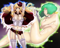 Rule 34 | 00s, 2girls, arms up, ass, belt, belt skirt, blonde hair, blush, breast hold, breasts, cape, corset, covering privates, covering breasts, elbow gloves, frills, garter belt, gloves, green hair, hat, large breasts, long hair, macross, macross frontier, midriff, mini hat, mini top hat, multiple girls, nekoi mie, nude, nude cover, panties, ranka lee, sheryl nome, short hair, smile, tears, thighhighs, top hat, underwear