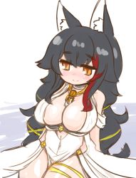 Rule 34 | 1girl, alternate costume, animal ear fluff, animal ears, azur lane, black hair, blush, breasts, brown eyes, cosplay request, covered navel, dress, hololive, large breasts, looking down, massachusetts (azur lane), massachusetts (dressed to impress) (azur lane), multicolored hair, nekoyama, ookami mio, red hair, solo, streaked hair, thigh strap, virtual youtuber, white dress, wolf ears, wolf girl