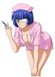 Rule 34 | 00s, 1girl, blue hair, breasts, cleavage, costume, female focus, ikkitousen, nurse, ryomou shimei, short hair, simple background, solo, standing, white background