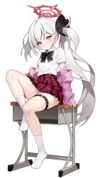 Rule 34 | 1girl, adapted costume, black frills, black ribbon, blue archive, blush, cardigan, closed mouth, collared shirt, commentary request, desk, dot nose, eyelashes, feet, frilled skirt, frills, full body, grey hair, halo, head tilt, high-waist skirt, highres, knee up, legs, long hair, looking at viewer, mutsuki (blue archive), neck ribbon, no shoes, off-shoulder cardigan, on desk, pink cardigan, pink eyes, pinki o64, plaid, plaid skirt, pointy ears, red skirt, ribbon, school desk, shirt, short sleeves, side ponytail, simple background, sitting, on desk, skindentation, skirt, slit pupils, smile, socks, solo, swept bangs, thigh strap, thighs, tsurime, very long hair, white background, white shirt, white socks