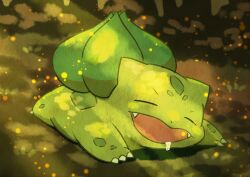 Rule 34 | alternate color, animal focus, brown background, bulbasaur, claws, closed eyes, commentary, creatures (company), drooling, fangs, game freak, gen 1 pokemon, highres, light particles, nintendo, nostrils, omega takai, open mouth, pokemon, pokemon (creature), shiny pokemon, sleeping, solo