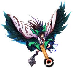 Rule 34 | 1girl, arm cannon, asymmetrical footwear, baba (baba seimaijo), bird wings, black hair, bow, full body, hair bow, highres, long hair, mismatched footwear, red eyes, reiuji utsuho, short sleeves, solo, thighhighs, third eye, touhou, transparent background, weapon, wings