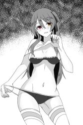 Rule 34 | 1girl, assault lily, black background, blush, bra, breasts, clothes lift, commentary, gluteal fold, gradient background, greyscale, groin, gumoyu, hair between eyes, hair ribbon, hand up, heterochromia, kuo shenlin, lifting own clothes, long hair, looking at viewer, medium breasts, monochrome, navel, no pants, one side up, panties, panty pull, parted lips, pulling own clothes, red eyes, ribbon, shirt lift, short sleeves, smile, solo, spot color, standing, stomach, thighhighs, underwear, white background, yellow eyes